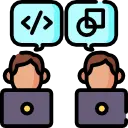 Two people are each sitting in front of a laptop and talking.