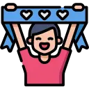 Happy person holding a banner with 3 hearts above their head.