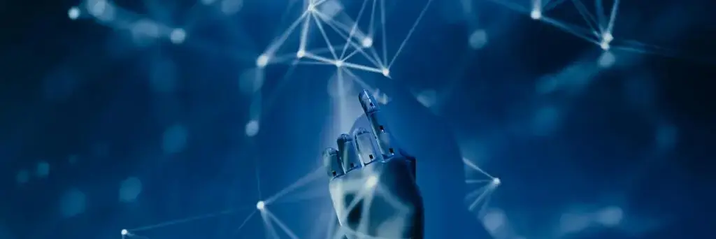 Metal robotic hand touching an abstract network of glowing nodes and connecting lines.